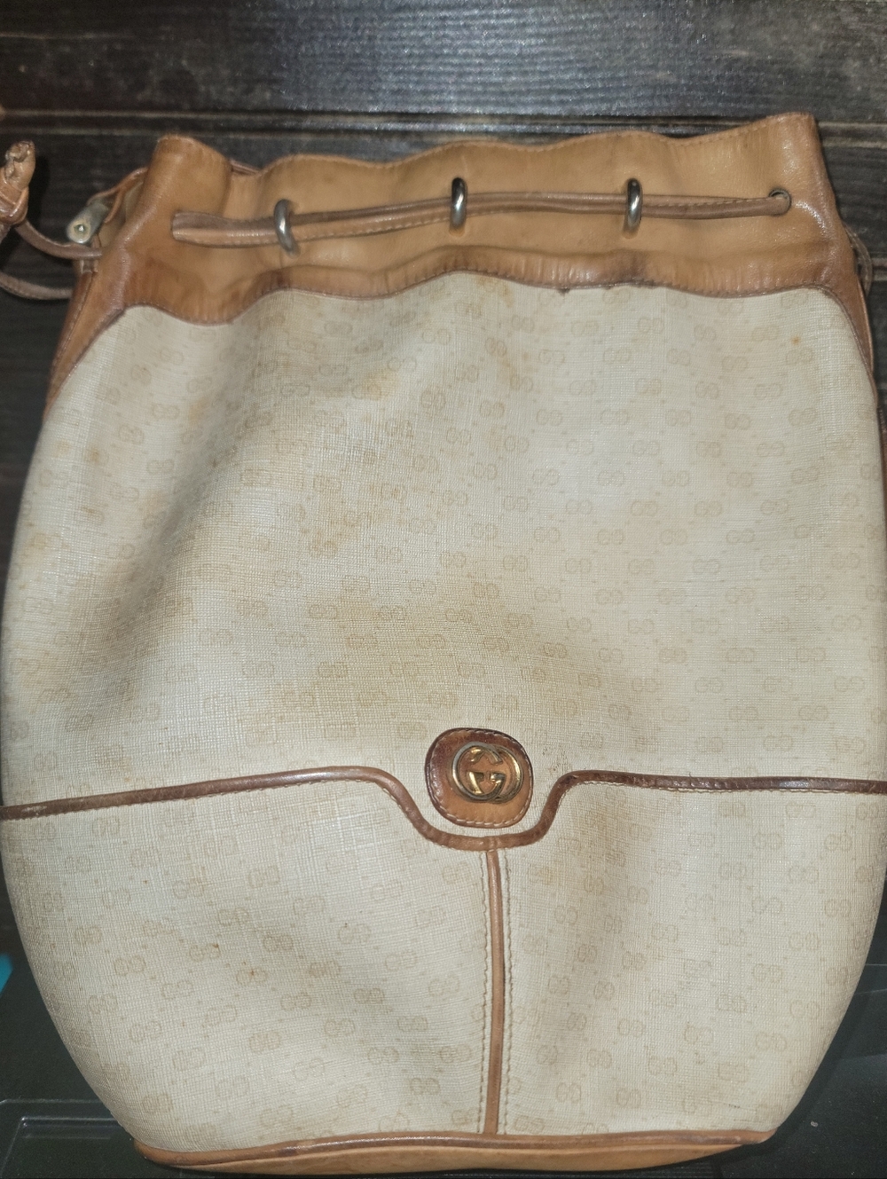Gucci Beige & Tan Drawstring Bucket Shoulder Bag with GG Medallion.. PROJECT BAG